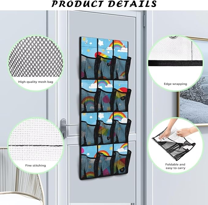 Large Capacity 12-Pocket Behind The Door Hanging Organizer, Oxford Fabric Waterproof Foldable Storage Bag for Bathroom Bedroom Pantry, Rainbow