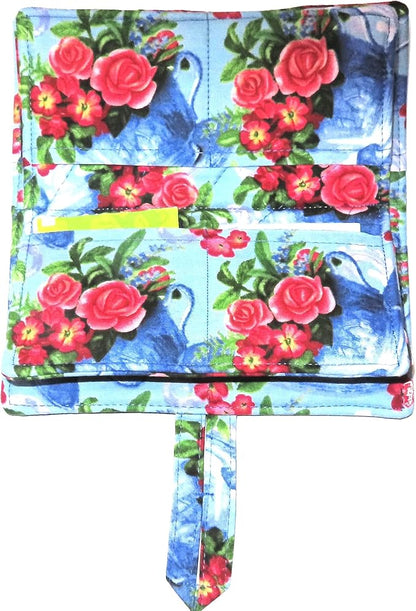 Tea Bag Wallet with Twelve Pockets XL Holder in Your Fabric Choice: Vintage Blue Tea Cups & Roses, Blue Birds & Teapots, Includes 4 Tea Bags, Tea Lover Gift, Quilted Handmade