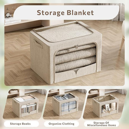 FHSQX 3 Pack Clothes Storage Bins - Foldable Metal Frame Storage Box - Stackable Linen Fabric Container Organizer Set with Carrying Handles and Clear Window (Beige, 19.7x15.7x13inch(66L))