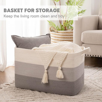 OIAHOMY Large Blanket Basket, 65L Cotton Rope Woven Laundry Basket, Toy Bin for Baby Room, Container for Blanket Storage in Living Room, 20''×16''×12'', Gradient Grey