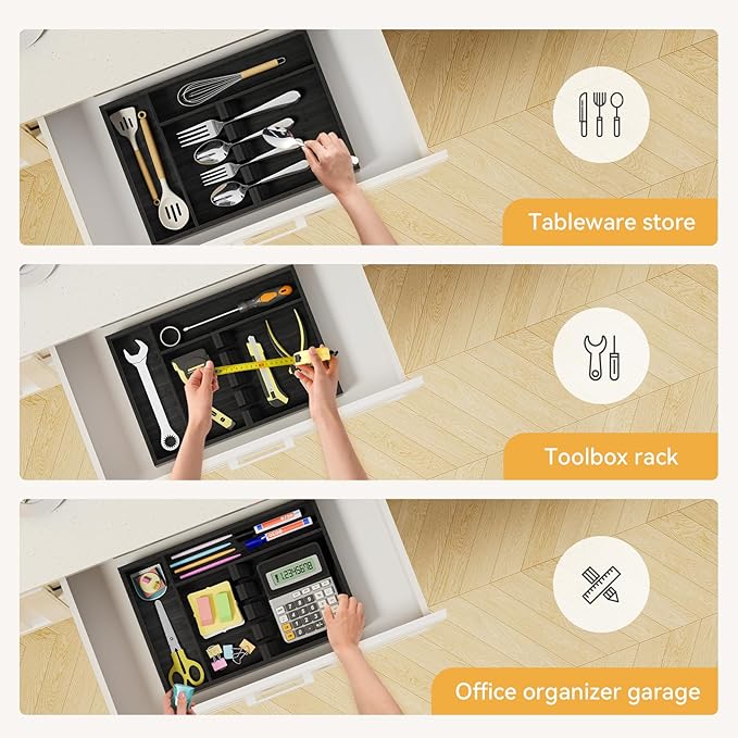 Yofidra Bamboo Silverware Organizer, 13.8 x 9.84 x 1.96 Inches Kitchen Utensil Drawer Organizer, Silverware Tray for Drawer with Fixed Slots for Spoons, Forks & Knives, Natural (Black)