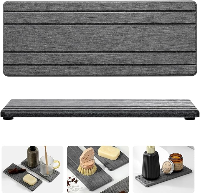 Razborci 2PCS Diatomite Quick Stone Drying Tray Mat For Bathroom & Kitchen Counter, Instant Dry Water Absorbent Drink Bar Coaster,Vanity Sink Caddy Organizer,Dish Soap Sponge Holder, Dark Gray,9"x3.5"