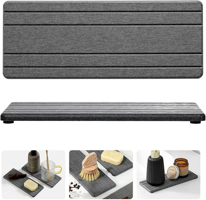 Razborci 2PCS Diatomite Quick Stone Drying Tray Mat For Bathroom & Kitchen Counter, Instant Dry Water Absorbent Drink Bar Coaster,Vanity Sink Caddy Organizer,Dish Soap Sponge Holder, Dark Gray,9"x3.5"