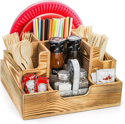 ZAVOOS Paper Plate Dispenser, Small Wood Utensil Holder Silverware Caddy for Cups Spoons Forks Napkins, Rustic Cutlery Flatware Organizer with 9 Compartments for Party, Kitchen, Camping, Buffet