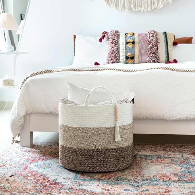Mkono Woven Storage Basket Decorative Natural Rope Basket Wooden Bead Decoration for Blankets,Toys,Clothes,Shoes,Plant Organizer Bin with Handles Living Room Home Decor, 16" W × 13.8" L
