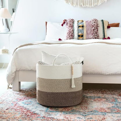 Mkono Woven Storage Basket Decorative Natural Rope Basket Wooden Bead Decoration for Blankets,Toys,Clothes,Shoes,Plant Organizer Bin with Handles Living Room Home Decor, 16" W × 13.8" L