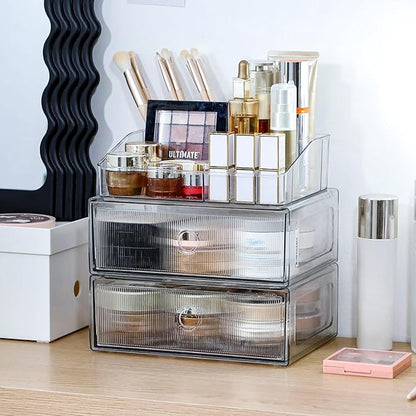 3-Tiers Makeup Organizer with Drawer, Stackable Skincare Storage Box for Vanity and Bathroom, Beauty Essentials, Cosmetic Brushes, Perfume Stand, Large Lipsticks Holder