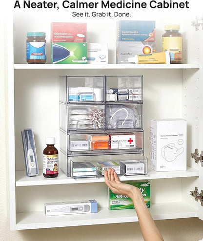 Vtopmart Stackable Storage Drawers Set of 6, Clear Plastic Organizer Bins for Bathroom Supplies, Ideal for Cabinet,Shelf, Pantry, Laundry Room Organization