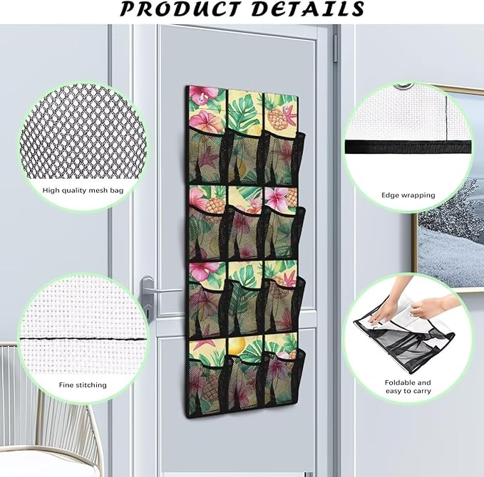 12 Large Mesh Pockets Over the Door Shoe Organizer Tropical Pineapple Lemon Hanging Shoe Rack for Closet Shoe Organizer Door Hanger