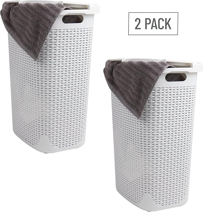 Mind Reader Slim Laundry Hamper with Lid, 60L Tall Clothes Basket, Narrow Tapered Design for Bathrooms, Closets and Laundry Rooms, Plastic, 2 Pack, White