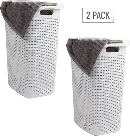 Mind Reader Slim Laundry Hamper with Lid, 60L Tall Clothes Basket, Narrow Tapered Design for Bathrooms, Closets and Laundry Rooms, Plastic, 2 Pack, White