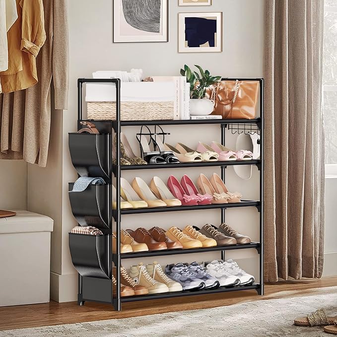 VILICK 5 Tier Shoe Rack with Hook and Side Pocket,Shoe Organizer Space Saver Storage for 20-25 Pair Shoe Storage Shelf Sturdy Free Standing Long Shoe Rack Organizer for Closet,Entryway,Small Spaces
