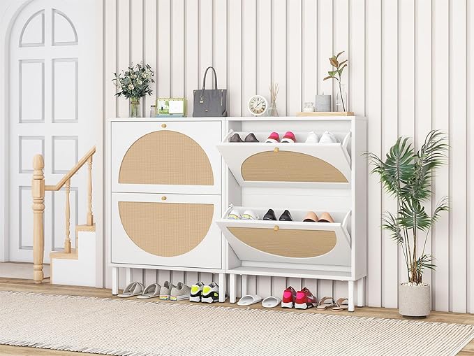 ZeHuoGe Rattan Shoe Cabinet with 2 Flip Drawers, Entrance Hallway Slim Entryway Organizer, White Rack Storage for Heels, Slippers