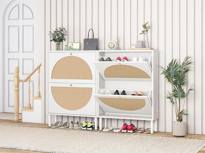 ZeHuoGe Rattan Shoe Cabinet with 2 Flip Drawers, Entrance Hallway Slim Entryway Organizer, White Rack Storage for Heels, Slippers