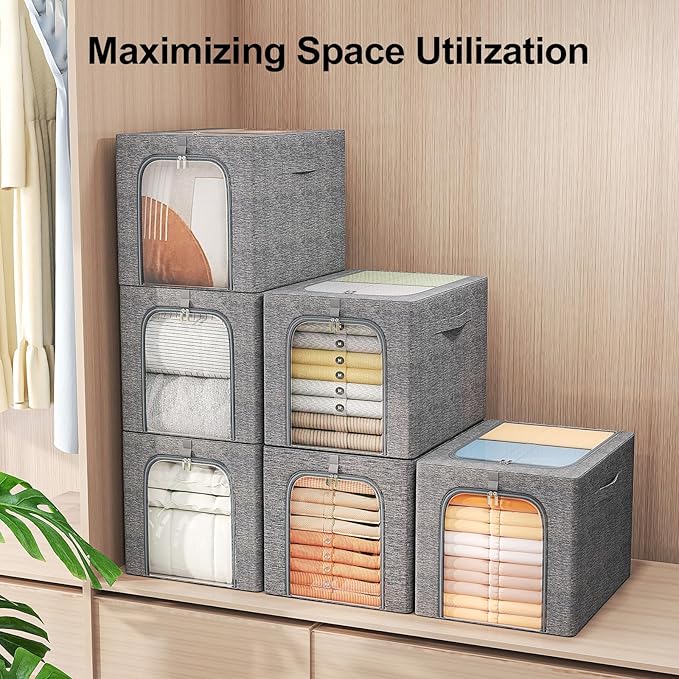 GoMaihe Clothes Storage Bins with Metal Frame, 4-Pack Closet Storage Bins with Lid & Clear Window, Sweater Boxes Organizer for Closet, Clothing Storage, Cationic Fabric 40L