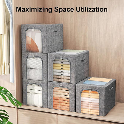 GoMaihe Clothes Storage Bins with Metal Frame, 4-Pack Closet Storage Bins with Lid & Clear Window, Sweater Boxes Organizer for Closet, Clothing Storage, Cationic Fabric 40L