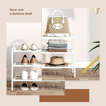 Bamboo Shoe Rack Stackable Shoe Shelf Storage Organizer for Unit Entryway Hallway and Closet Sturdy Freestanding Shoe Shelf(3 Tier White)