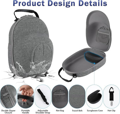 Hat Travel Case, Hard Hat Carrier Organizer with Clip & Glasses Storage, Holds 6 Baseball Caps for Home/Travel - Grey