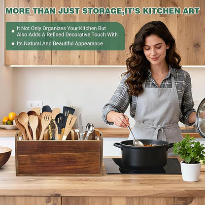 Kitchen Utensil Holder for Countertop with 3 Compartments，Acacia Wood Utensil Holder Cooking Spatula Organizer Large Cutlery Organizer for Kitchen Countertop Farmhouse Kitchen Decor