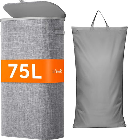 Lifewit Slim Laundry Basket with Lid, Narrow Large Laundry Hamper with Plastic Handles and Removable Bag, Tall Foldable Dirty Clothes Hampers for Laundry Room, Bedroom, Bathroom, Dorm, 75L Gray