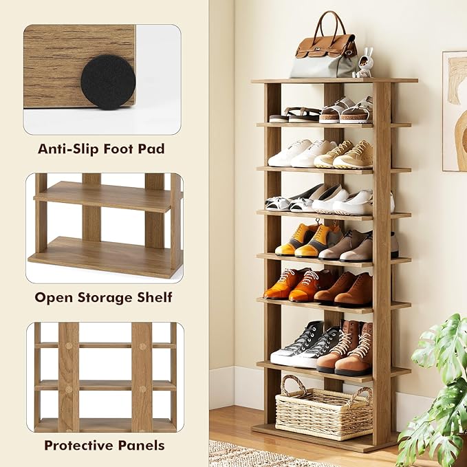 GOFLAME 7-Tier Tall Shoe Rack, Patented Freestanding Shoe Shelf Storage Organizer for 14 Pairs of Shoes, Space-Saving Vertical Shoe Stand for Entryway, Closet, Living Room, Natural