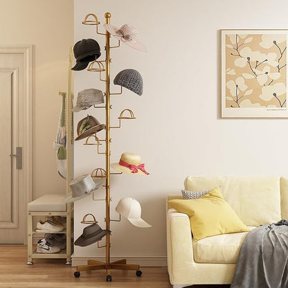 Hat Rack with 15 Circular Hooks Floor Hat Stand Freestanding Hats Rack Stand Adjustable Metal Hats Tree Organizer Rack Display Standing Suitable for Home Store Commercial, Gold