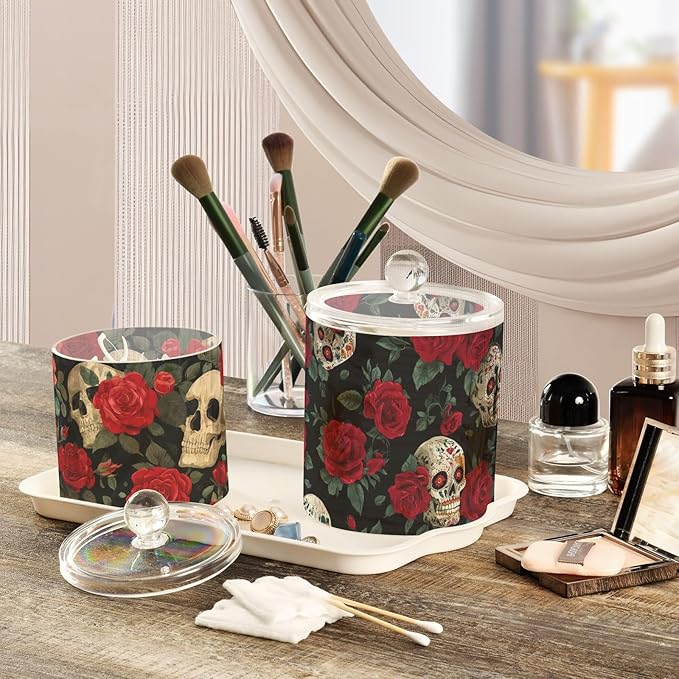 2 Pack Qtip Dispenser Apothecary Jars with Lids Cotton Round Holder Bathroom Canisters for Cotton Swab Floss Ball Pads Clear Plastic Decorative Black Mexico Skull Rose