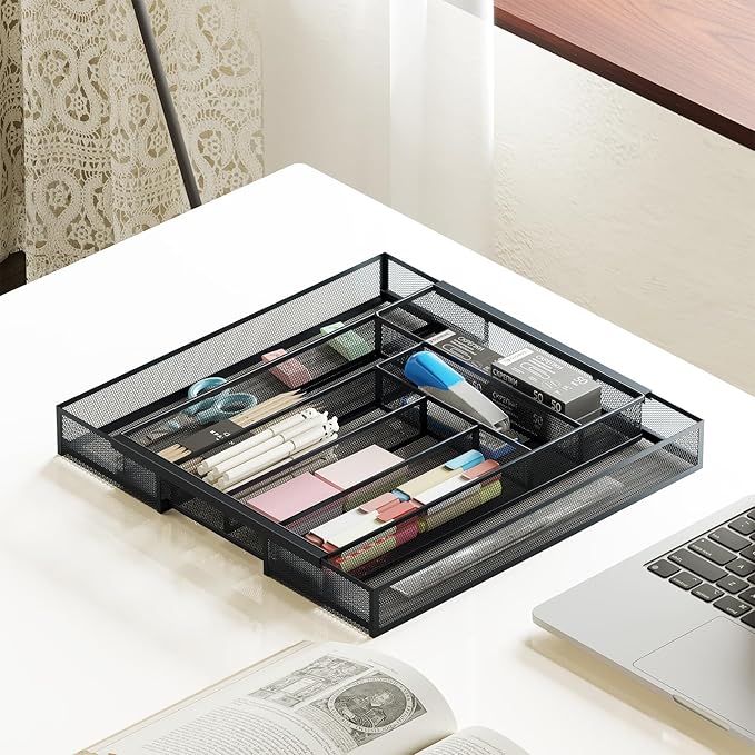 Sedegn Silverware Organizer Metal Mesh, Large Drawer Organizer, Utensil Cutlery Tray for kitchen drawers, Expandable Flatware Organizer with 8 Compartment Black 11.6"~20" x 17.3"