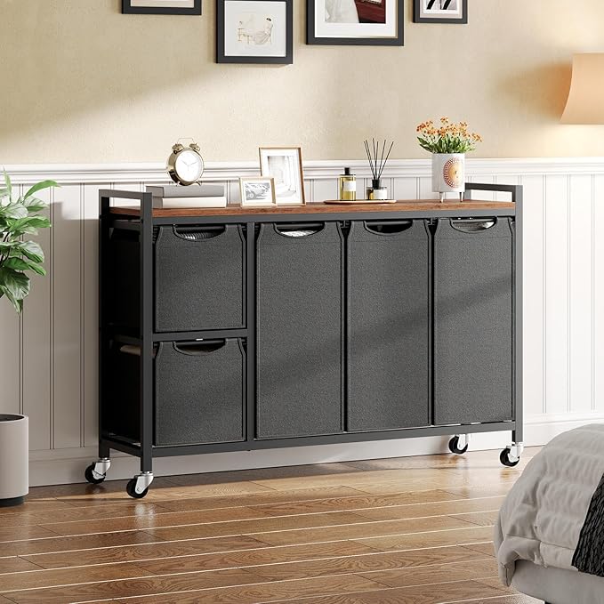 HOOBRO Laundry Sorter with 5 Sections, 45.5 Gal. (170 L) Laundry Hamper with Wheels and Shelf, Large Capacity, Laundry Basket with Removable Bags, 44.1"L x 11.8"W x 31.5"H, Rustic Brown, BF26XY01