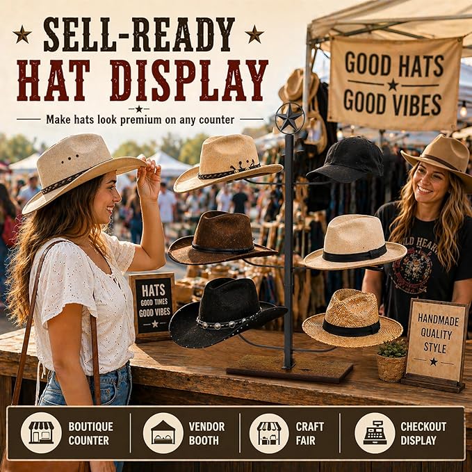 Cowboy Hat Rack for Retail Display, 6 Hat Countertop Hat Display Stand with Wood Base, Freestanding Hat Display Rack and Western Hat Organizer for Cowboy Hats, Fedoras, Caps, Vendor Booth, Closet