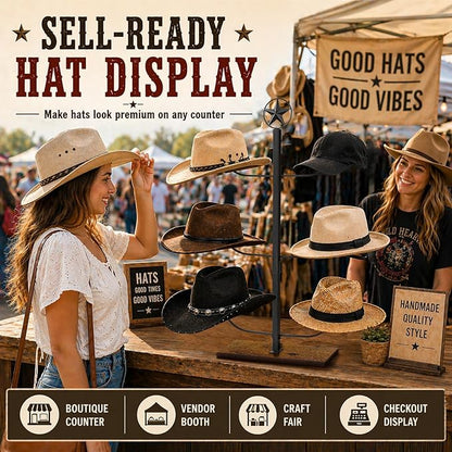 Cowboy Hat Rack for Retail Display, 6 Hat Countertop Hat Display Stand with Wood Base, Freestanding Hat Display Rack and Western Hat Organizer for Cowboy Hats, Fedoras, Caps, Vendor Booth, Closet