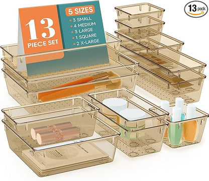 StorMiracle 13 PCS Drawer Organizer Set, 5 Varied Size Bathroom and kitchen Drawer cabinet organizer Trays, Clear Storage Bins for Makeup, Jewelry, Utensils and Gadgets, Champagne