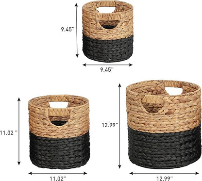 happimess BSK2011D-3SET Avery Bohemian Cottage Handwoven Hyacinth Cylinder Nesting Baskets with Handles, Natural/Black (Set of 3)