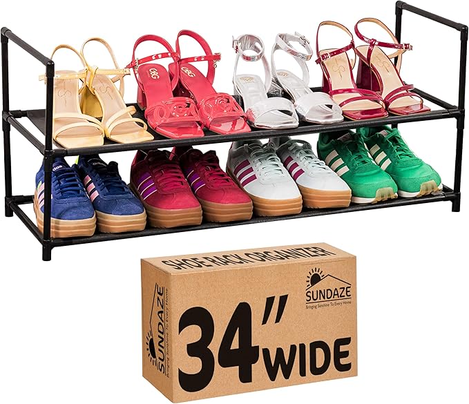 Sundaze Shoe Rack - 2 Tier Shoe Rack for Front Door Entrance, Sturdy Long Shoe Organizer for Closet, Bedroom, Entryway, Garage, Non Woven Fabric Shelf, Black, Holds Up to 10 Pairs