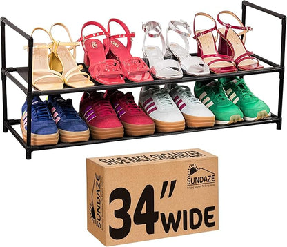 Sundaze Shoe Rack - 2 Tier Shoe Rack for Front Door Entrance, Sturdy Long Shoe Organizer for Closet, Bedroom, Entryway, Garage, Non Woven Fabric Shelf, Black, Holds Up to 10 Pairs