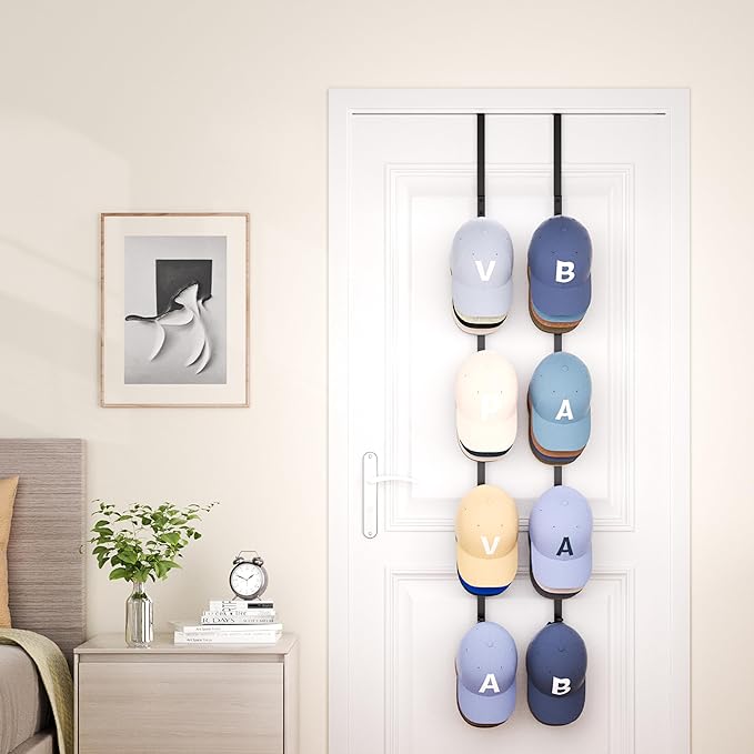 SWTYMIKI Over Door Hat Rack - 2 Packs Hat Organizer with 8 Hooks Design, Hanging Baseball Cap Organizer Storage Holds Up to 40 Caps for Door, Bedroom, Closet (Black)