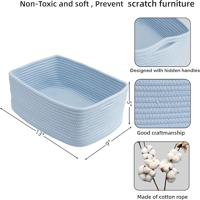 XUANGUO Small Woven Storage Baskets 13“X9”X5“ Decorative Rope Bins for Organizing Shelves, Closets, and Toys, Empty Gift Baskets, Cute Organizer Basket for Home and Office (blue, Large)