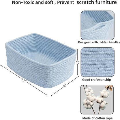 XUANGUO Small Woven Storage Baskets 13“X9”X5“ Decorative Rope Bins for Organizing Shelves, Closets, and Toys, Empty Gift Baskets, Cute Organizer Basket for Home and Office (blue, Large)