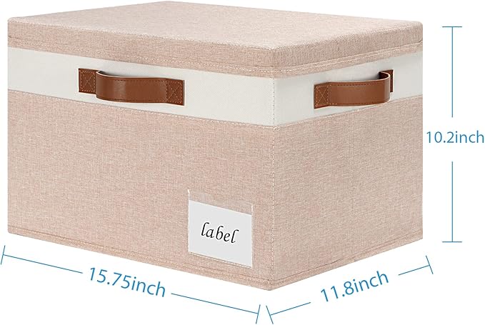 Extra Large Storage Bins with Lids, Foldable Fabric Storage Baskets with Lids, Sturdy Storage Boxes with Labels and 3 PU Handles for Closet Home Bedroom Office (32L, 3 Packs, Pink&White)