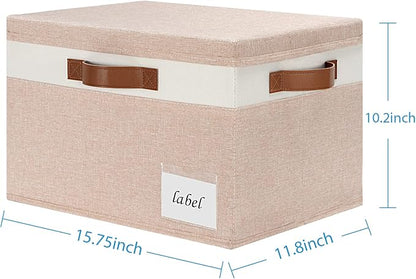 Extra Large Storage Bins with Lids, Foldable Fabric Storage Baskets with Lids, Sturdy Storage Boxes with Labels and 3 PU Handles for Closet Home Bedroom Office (32L, 3 Packs, Pink&White)