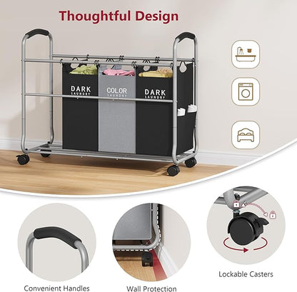 Tajsoon Laundry Sorter 4 Sections, Laundry Separator Hamper with Heavy Duty Lockable Rolling Wheels, Laundry Divider with Removable Bags for Dirty Clothes Storage, Black & Grey