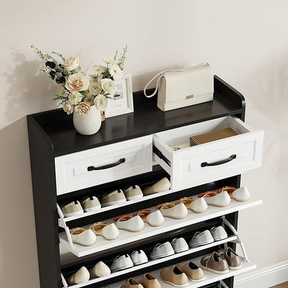Shoe Cabinet with 3 Large Flip Drawers & 2 Storage Drawers, Narrow Shoe Organizer Cabinet Fits for Kinds of Shoes, Slim Shoe Storage Cabinet for Entryway, Hallway, Bedroom, Black and White