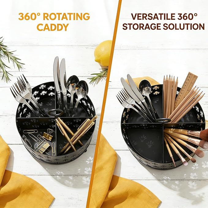 NelyBet 360°Rotating Utensil Caddy Countertop - Bee Silverware Caddy Holder with 4 Compartment - Mesh Cutlery Caddy Holder with Handle for Party Kitchen Counter Office Black