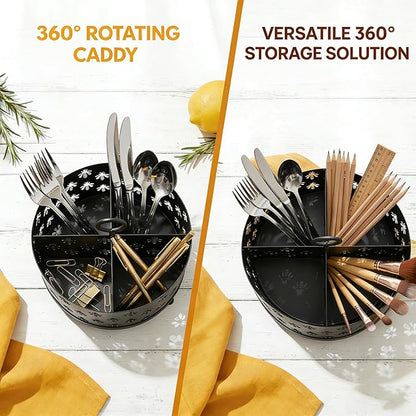 NelyBet 360°Rotating Utensil Caddy Countertop - Bee Silverware Caddy Holder with 4 Compartment - Mesh Cutlery Caddy Holder with Handle for Party Kitchen Counter Office Black