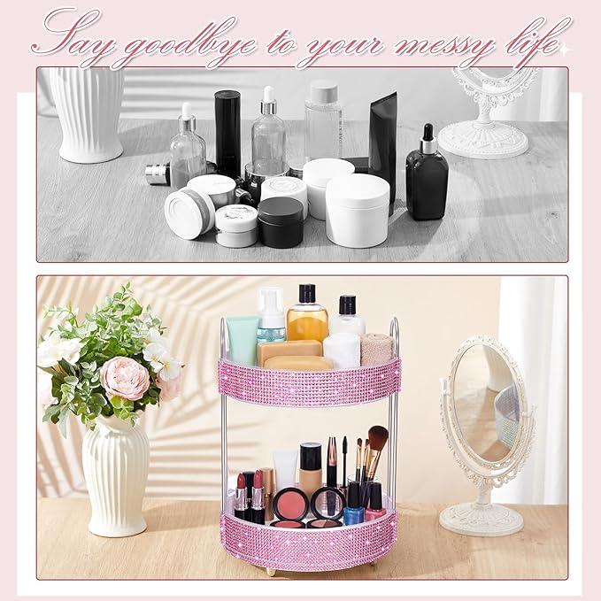 Honeydak 360 Rotating Perfume Organizer for Mother Day Nurse Day Rhinestone Bathroom Counter Organizer Makeup Holder Skincare and Perfume Storage for Cosmetic Countertop(2 Tiers,Resin Stone,Pink)