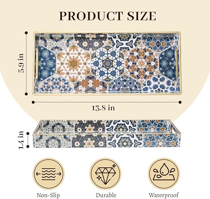 MAONAME Plastic Vanity Tray, Bathroom Counter Tray, Decorative Trays with Handles, Storage Dresser Trays Organizer for Toilet Tank, Jewelry, Makeup, 13.8" x 6" x 1.57"