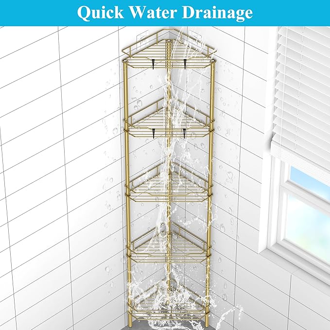 HuggieGems 5 Tier Floor Standing Corner Shower Caddy Organizer Shelf with Hooks, Bathroom Shelves Stand Rack, Gold