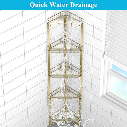 HuggieGems 5 Tier Floor Standing Corner Shower Caddy Organizer Shelf with Hooks, Bathroom Shelves Stand Rack, Gold