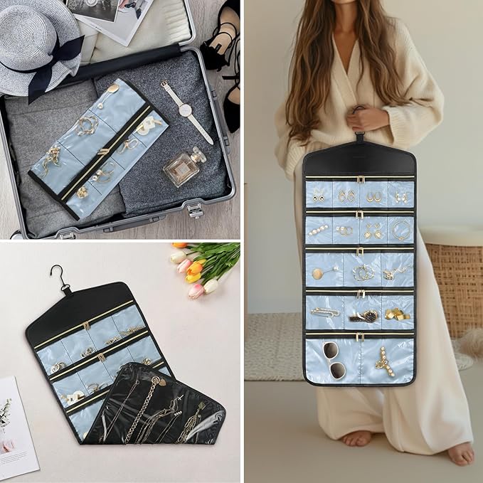 CHICECO Travel Jewelry Holder Organizer,Hanging Jewelry Organizer Storage with Zippered Pockets for Cloest,Jewelry Holder for Earrings, Necklaces (Blue Black)