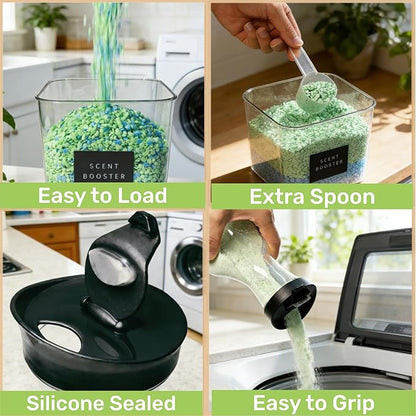 3+2 Pack Laundry Pods Containers & Dryer Sheet Holder & Laundry Detergent Dispenser, Laundry Room Organization and Storage Jars with Lids, Labels and Scoops for Scent Booster, Powder, Pods